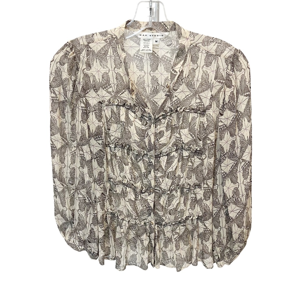Max Studio Silk Butterfly Print Ruffle Blouse Brown Cream Boho Sheer Top MEDIUM